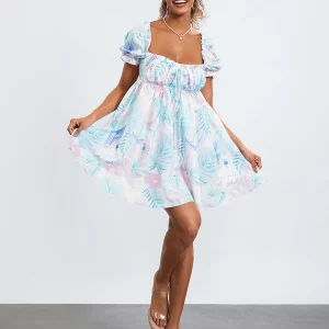 Summer Floral Print Mini Dress with Puff Sleeves - Women's Casual Tie-Up Front Babydoll