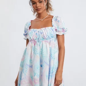 Summer Floral Print Mini Dress with Puff Sleeves - Women's Casual Tie-Up Front Babydoll