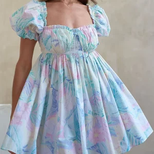 Summer Floral Print Mini Dress with Puff Sleeves - Women's Casual Tie-Up Front Babydoll