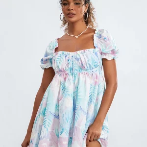 Summer Floral Print Mini Dress with Puff Sleeves - Women's Casual Tie-Up Front Babydoll