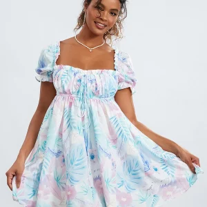 Summer Floral Print Mini Dress with Puff Sleeves - Women's Casual Tie-Up Front Babydoll