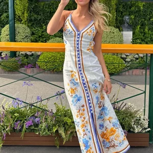 Summer Flower Print Maxi Dress V Neck Sleeveless Elegant Beach Holiday Robe