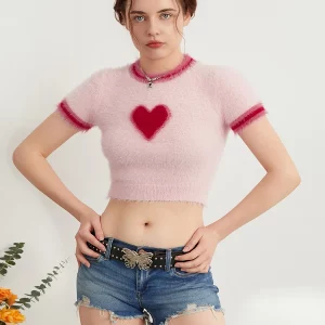 Summer Knit Cropped T-Shirts: Women's Short Sleeve Sweaters with Heart/Cherry/Star Pattern