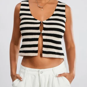 Summer Knit V-Neck Vest Tank Top for Women - Sleeveless Crochet Buttoned Streetwear Fashion