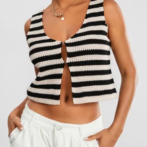 Summer Knit V-Neck Vest Tank Top for Women - Sleeveless Crochet Buttoned Streetwear Fashion