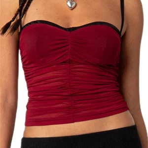 Summer Mesh Camisole with Spaghetti Straps, Backless Design, Ruched Detail - Sleeveless Crop Top