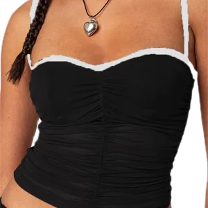 Summer Mesh Camisole with Spaghetti Straps, Backless Design, Ruched Detail - Sleeveless Crop Top