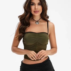 Summer Mesh Camisole with Spaghetti Straps, Backless Design, Ruched Detail - Sleeveless Crop Top