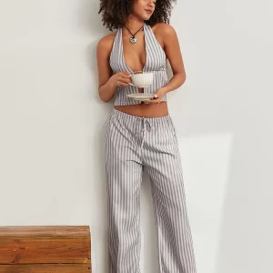 Summer Office Lady 2-Piece Pants Suit Set with Backless Halter Top and Drawstring Loose Pants