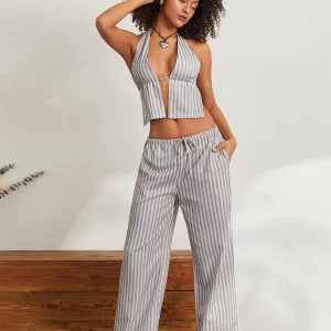 Summer Office Lady 2-Piece Pants Suit Set with Backless Halter Top and Drawstring Loose Pants