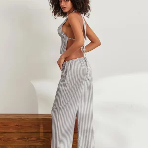 Summer Office Lady 2-Piece Pants Suit Set with Backless Halter Top and Drawstring Loose Pants