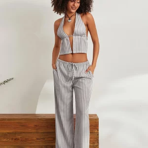 Summer Office Lady 2-Piece Pants Suit Set with Backless Halter Top and Drawstring Loose Pants