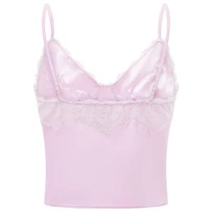 Summer Satin Lace Trim V-Neck Camisole - Women's Chic Spaghetti Strap Cropped Top