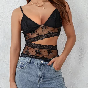 Summer Sexy Spaghetti Strap Cutout Camisole - Women's Sleeveless Deep V-Neck Sheer Top