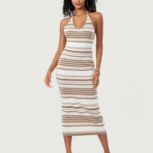 Summer Striped Knit Beach Midi Dress | Women's Fashion Halter Tie-up Bodycon Tank Dress