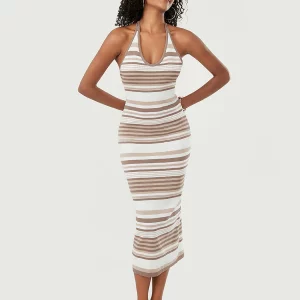 Summer Striped Knit Beach Midi Dress | Women's Fashion Halter Tie-up Bodycon Tank Dress