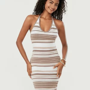 Summer Striped Knit Beach Midi Dress | Women's Fashion Halter Tie-up Bodycon Tank Dress