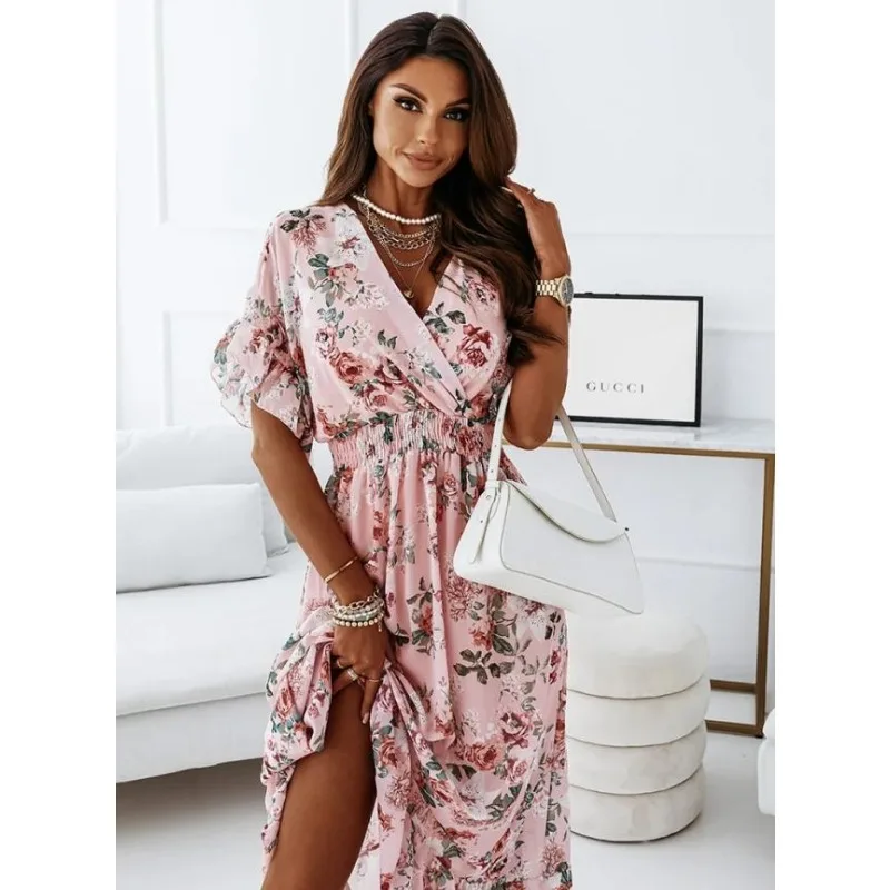 Summer V-neck Chiffon Floral Dress with Waist Cinch