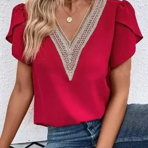 Summer V-Neck Petal Sleeve Women's Blouse Solid Color Fashion Top