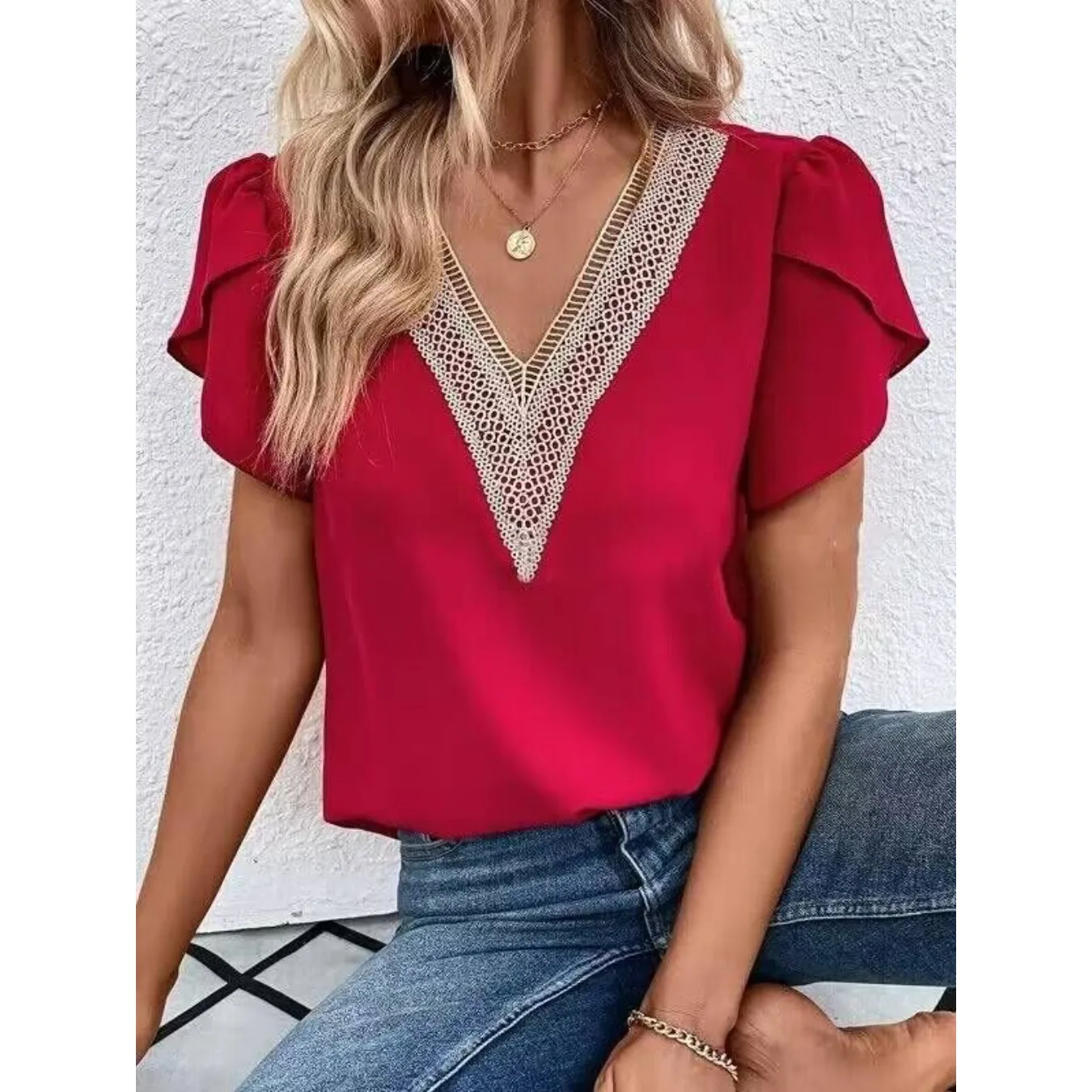 Summer V-Neck Petal Sleeve Women's Blouse Solid Color Fashion Top