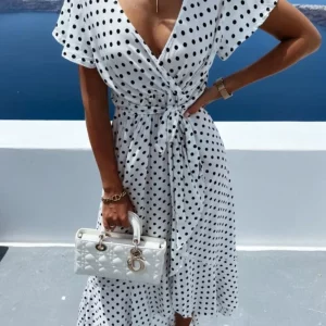 Summer V-Neck Ruffle Sleeve Polka Dot Dress for Nightclub Party