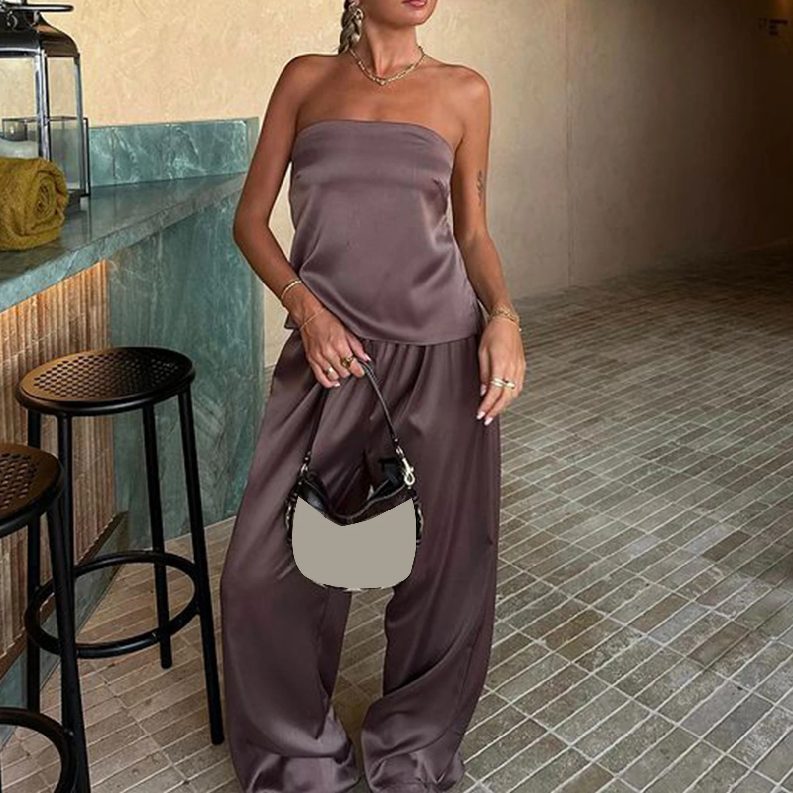 Summer Women's Bandage Backless Tank Top and Wide Leg Pants Set