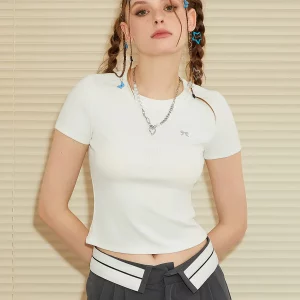 Summer Women's Bow Embroidery Cropped T-Shirts - Casual Streetwear