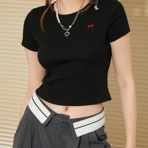 Summer Women's Bow Embroidery Cropped T-Shirts - Casual Streetwear