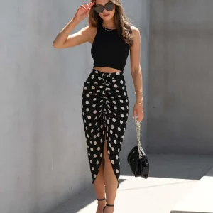 Summer Women's Polka Dot A-Line Skirt with Drawstring - Casual Chic Mid-Length Streetwear