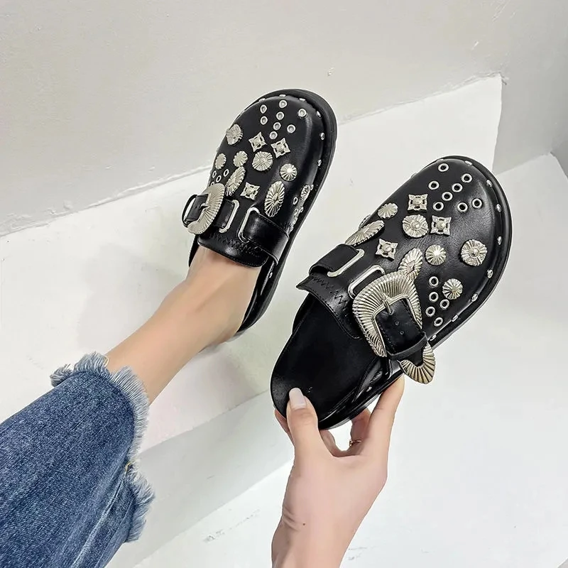 Summer Women's Rivet Leather Platform Mules - Punk Rock Style for Casual & Outdoor Parties