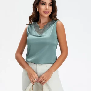 Summer Women's Satin Lace V-Neck Tank Top, Sleeveless Fashion Vest for Daily Work