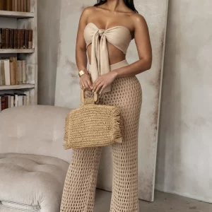 Summer Women's Sexy Bikini Tube Top with Knitted Wide Leg Pants Set