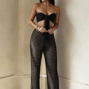 Summer Women's Sexy Bikini Tube Top with Knitted Wide Leg Pants Set