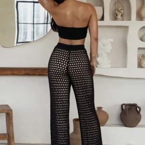 Summer Women's Sexy Bikini Tube Top with Knitted Wide Leg Pants Set