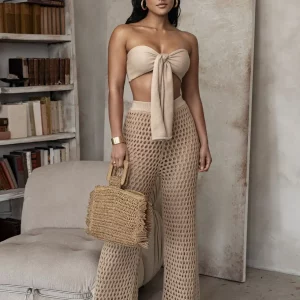 Summer Women's Sexy Bikini Tube Top with Knitted Wide Leg Pants Set