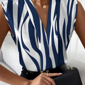 Summer Women's Sleeveless V-Neck Blouse - Elegant Office Lady Print Top