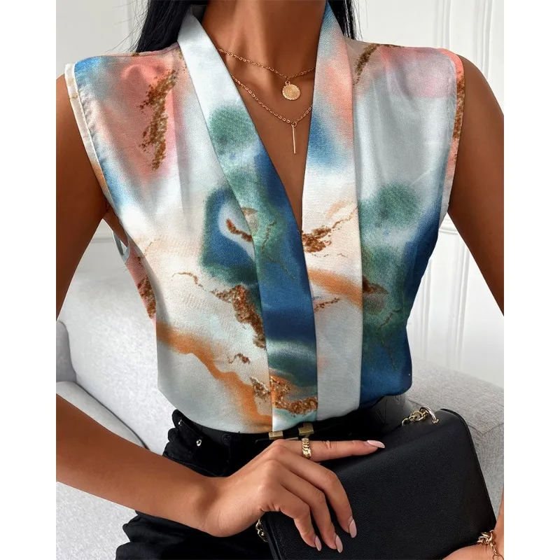 Summer Women's Sleeveless V-Neck Blouse - Elegant Office Lady Print Top