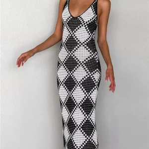 Summer Women's Sleeveless V-neck Plaid Long Dress