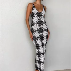 Summer Women's Sleeveless V-neck Plaid Long Dress