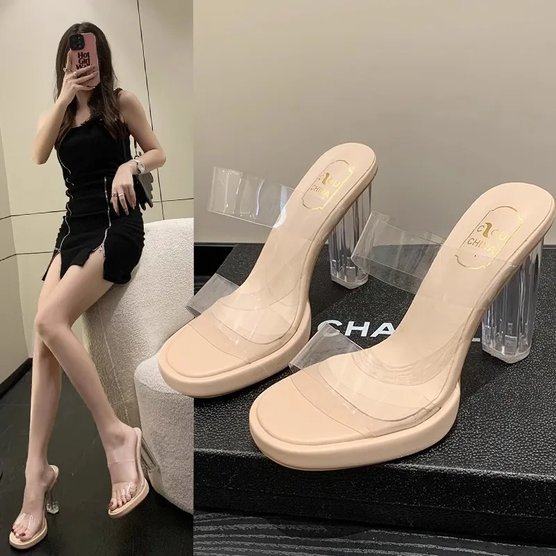 Summer Women's Transparent Square Toe Slippers | Waterproof High Heel Sandals