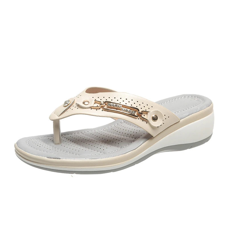 Summer Women's Wedge Slides with Metal Button - Platform Sandals for Beach & Leisure