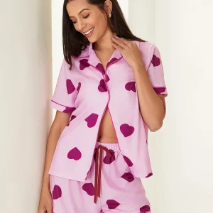 Sweet Heart Print Short Sleeves Shirt & Shorts Set