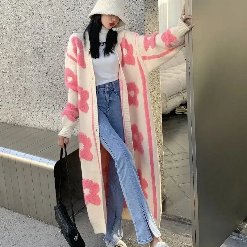 Sweet Pink Flower Long Sweater Coat - Versatile Street Style Knit Cardigan