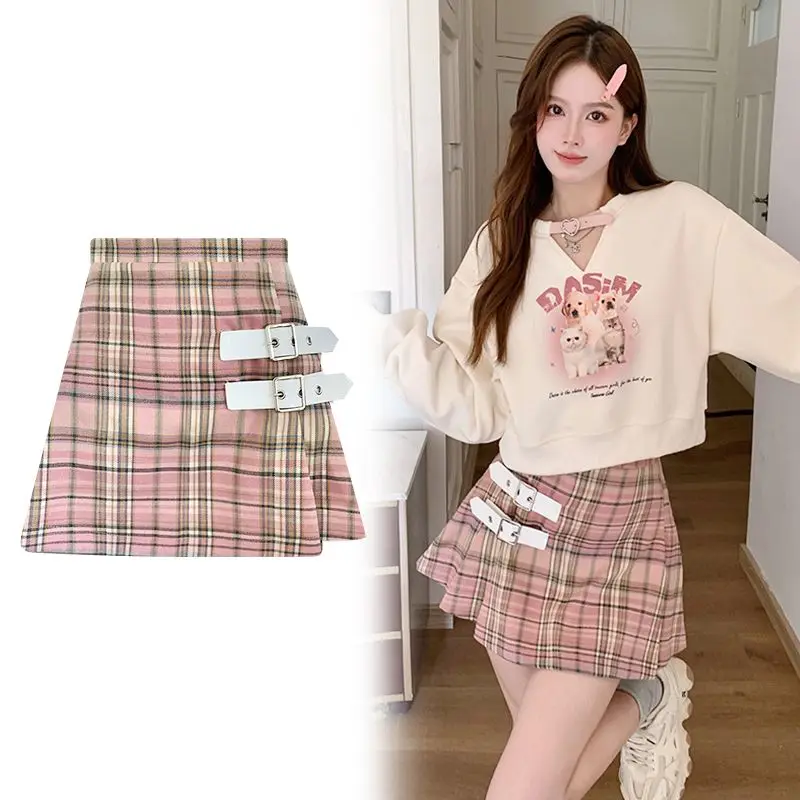 Sweet Pink Plaid Pleated Short Skirt for Women - Summer College Style, Kawaii, Slim Fit