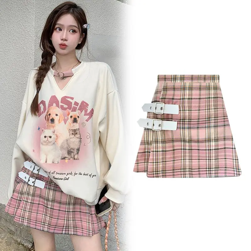 Sweet Pink Plaid Pleated Short Skirt for Women - Summer College Style, Kawaii, Slim Fit