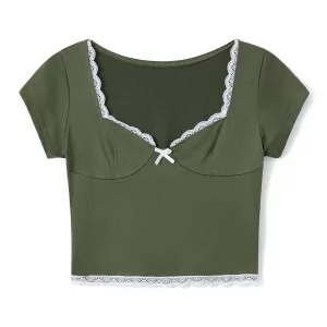 Sweet Summer Lace Trim Cropped Tops | Women's Short Sleeve Sweetheart Neck Mini Bow Front T-Shirt