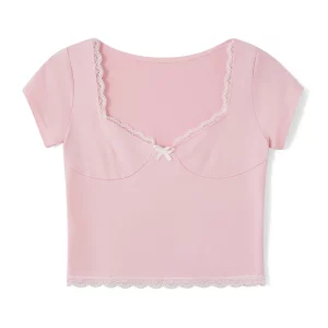 Sweet Summer Lace Trim Cropped Tops | Women's Short Sleeve Sweetheart Neck Mini Bow Front T-Shirt