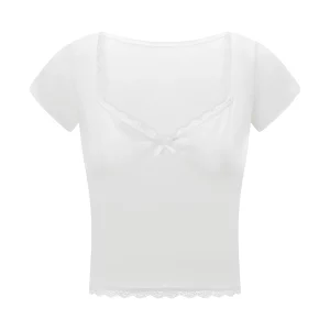 Sweet Summer Lace Trim Cropped Tops | Women's Short Sleeve Sweetheart Neck Mini Bow Front T-Shirt