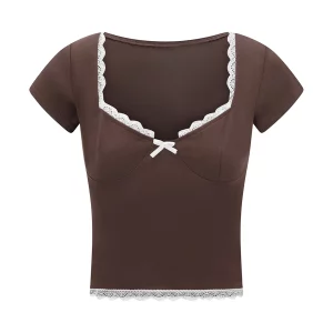 Sweet Summer Lace Trim Cropped Tops | Women's Short Sleeve Sweetheart Neck Mini Bow Front T-Shirt