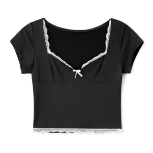 Sweet Summer Lace Trim Cropped Tops | Women's Short Sleeve Sweetheart Neck Mini Bow Front T-Shirt